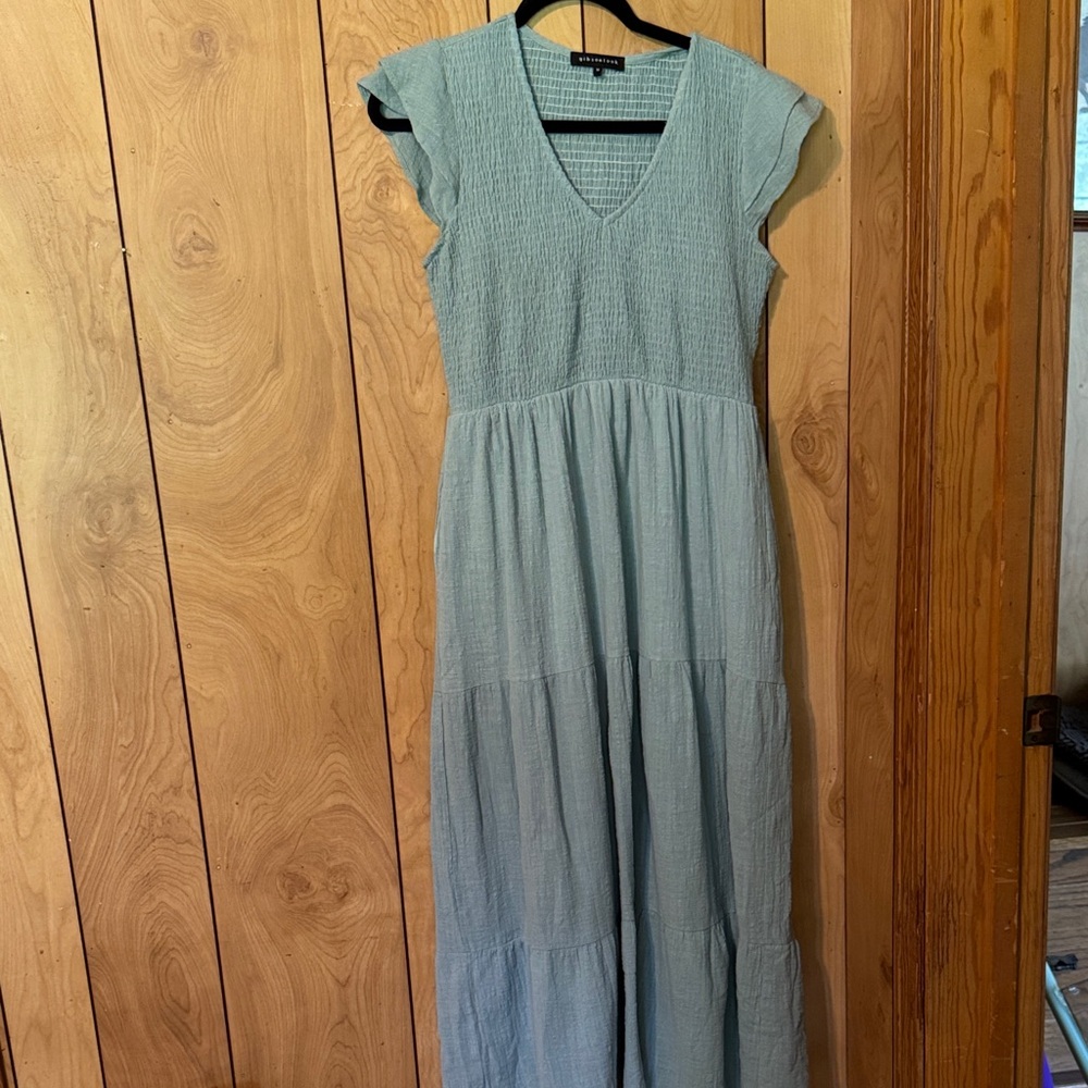 Sage Green V-Neck Tiered Maxi Dress with Flutter Sleeves